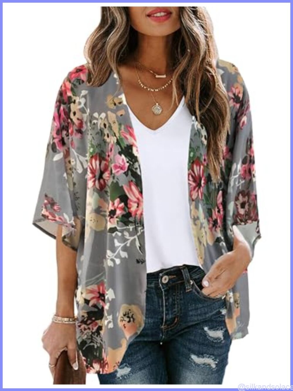 Women's Floral Kimono Cardigan Chiffon Beach Cover Up Open Front Puff Sleeve